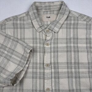 Folk Shirt Mens Large Beige Plaid Cotton Linen Short Sleeve Button Up Casual